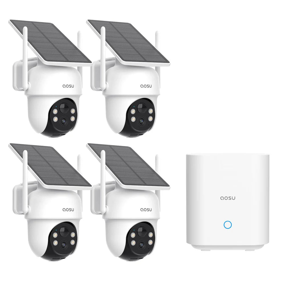 AOSU Security Cameras Outdoor Wireless, 4 Cam-Kit, No Subscription, Solar-Powered, Home Security Cameras System with 360° Pan & Tilt, Auto Tracking, 2K Color Night Vision, Easy Setup, 5G & 2.4G WiFi